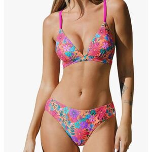 NEW Cupshe Floral Bikini Set Medium Bright Retro Tie Back Top High Cut